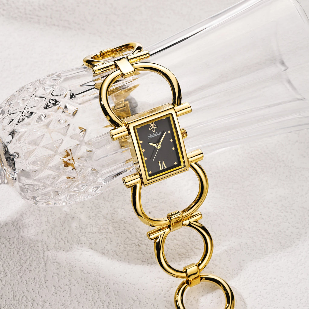Gold case with black dial, ion-plated link bracelet, numberless face
