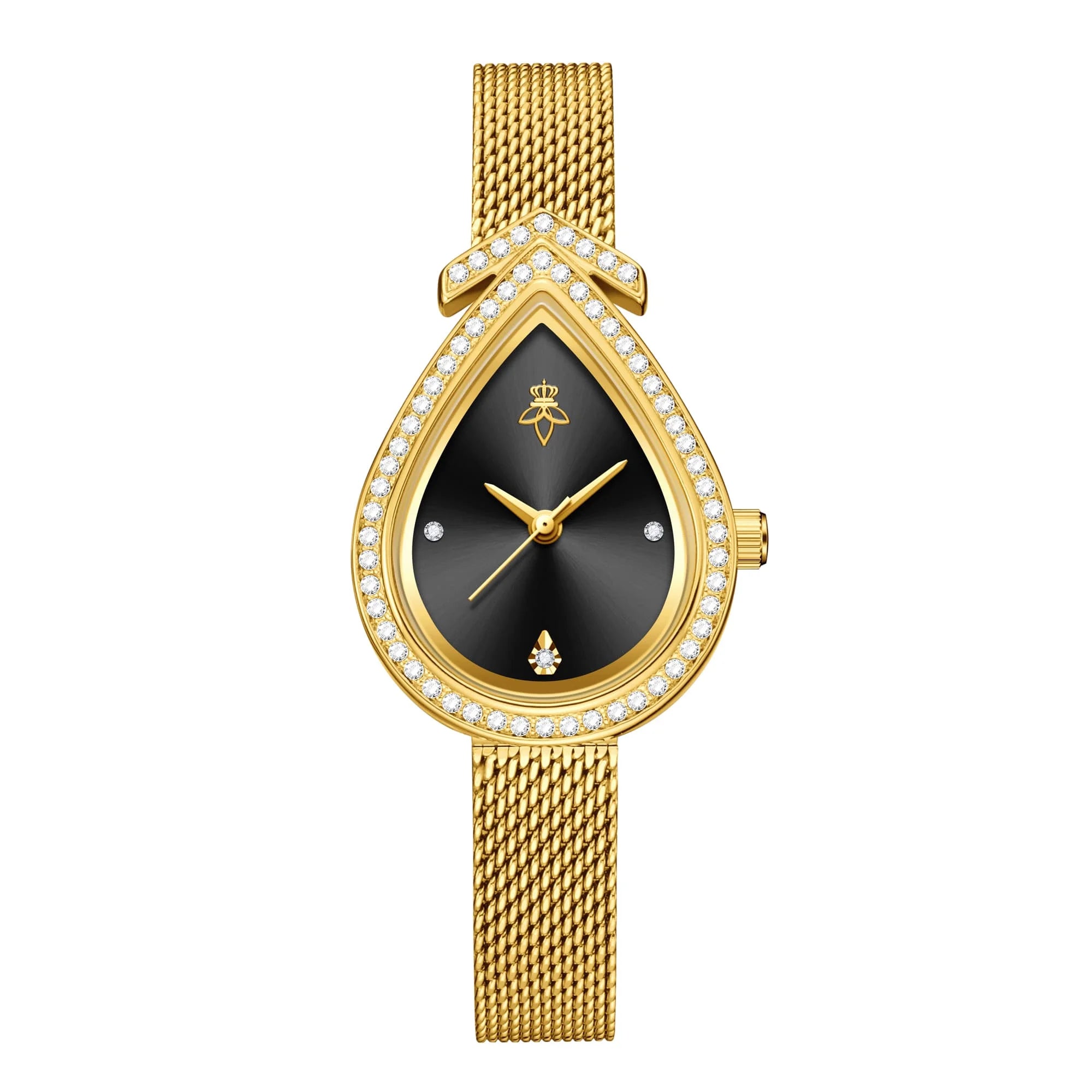 Golden case with black dial, minimalist numberless face, hook buckle clasp
