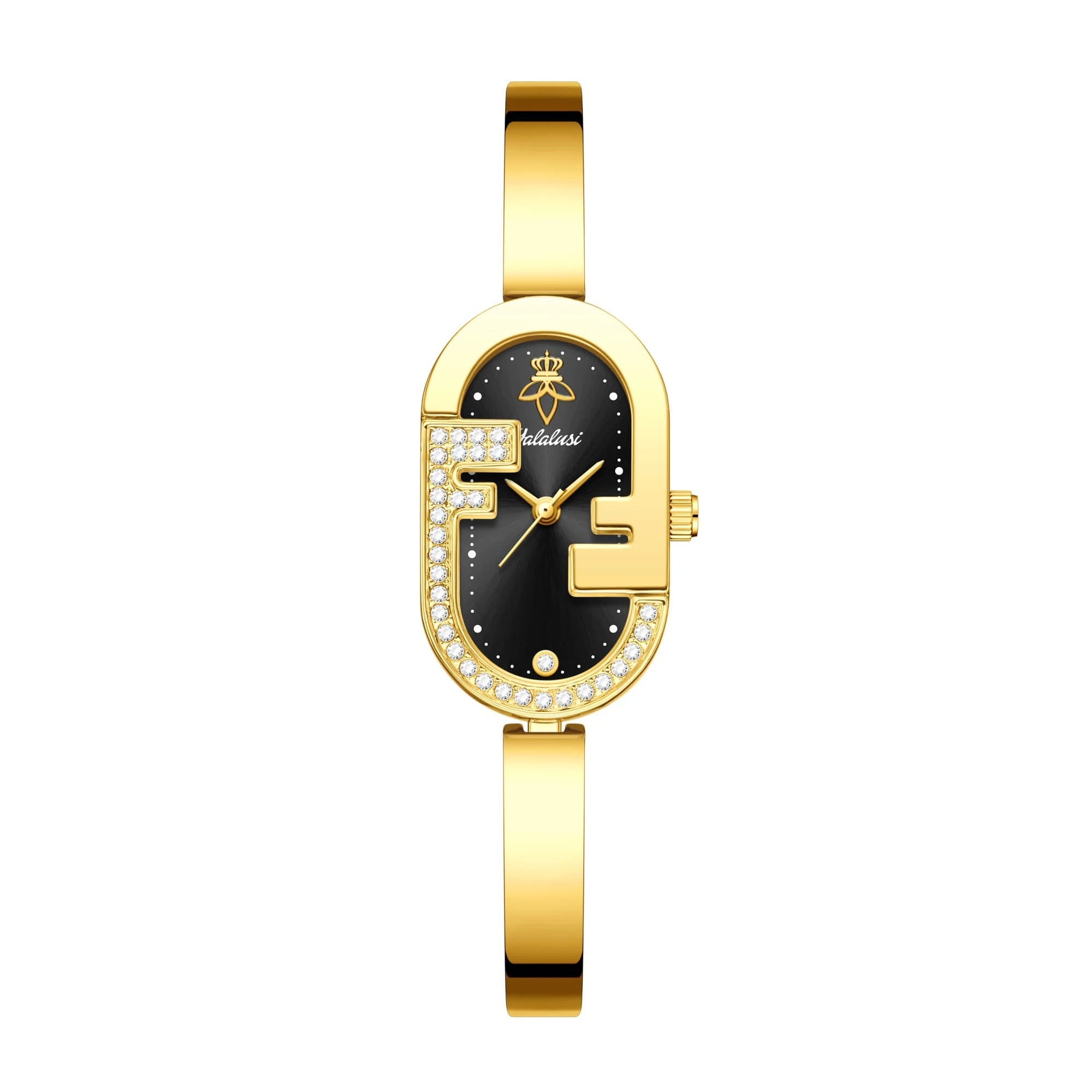 Gold case with black dial and rhinestone accents, adjustable gold link bracelet, numberless face, hook buckle clasp