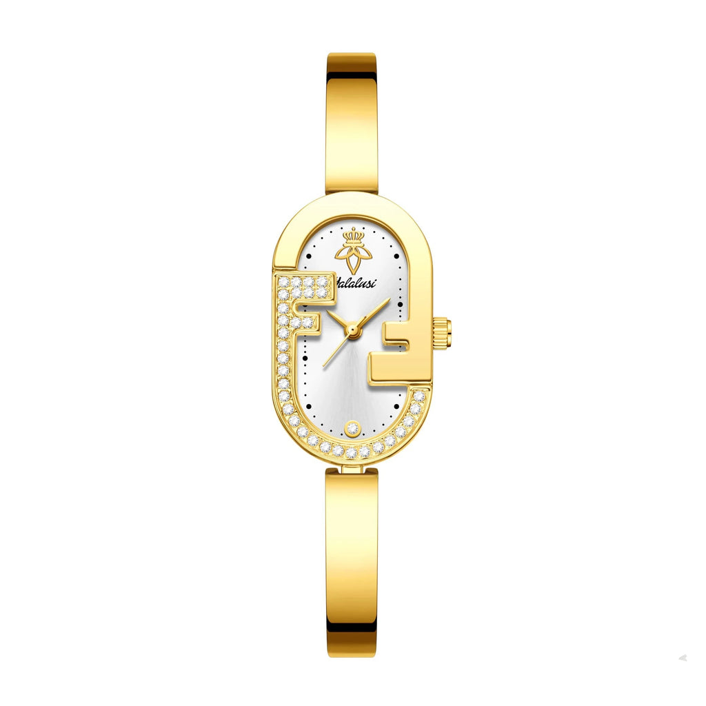 Gold case with white dial and rhinestone accents, adjustable gold link bracelet, numberless face, hook buckle clasp