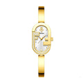 Gold case with white dial and rhinestone accents, adjustable gold link bracelet, numberless face, hook buckle clasp