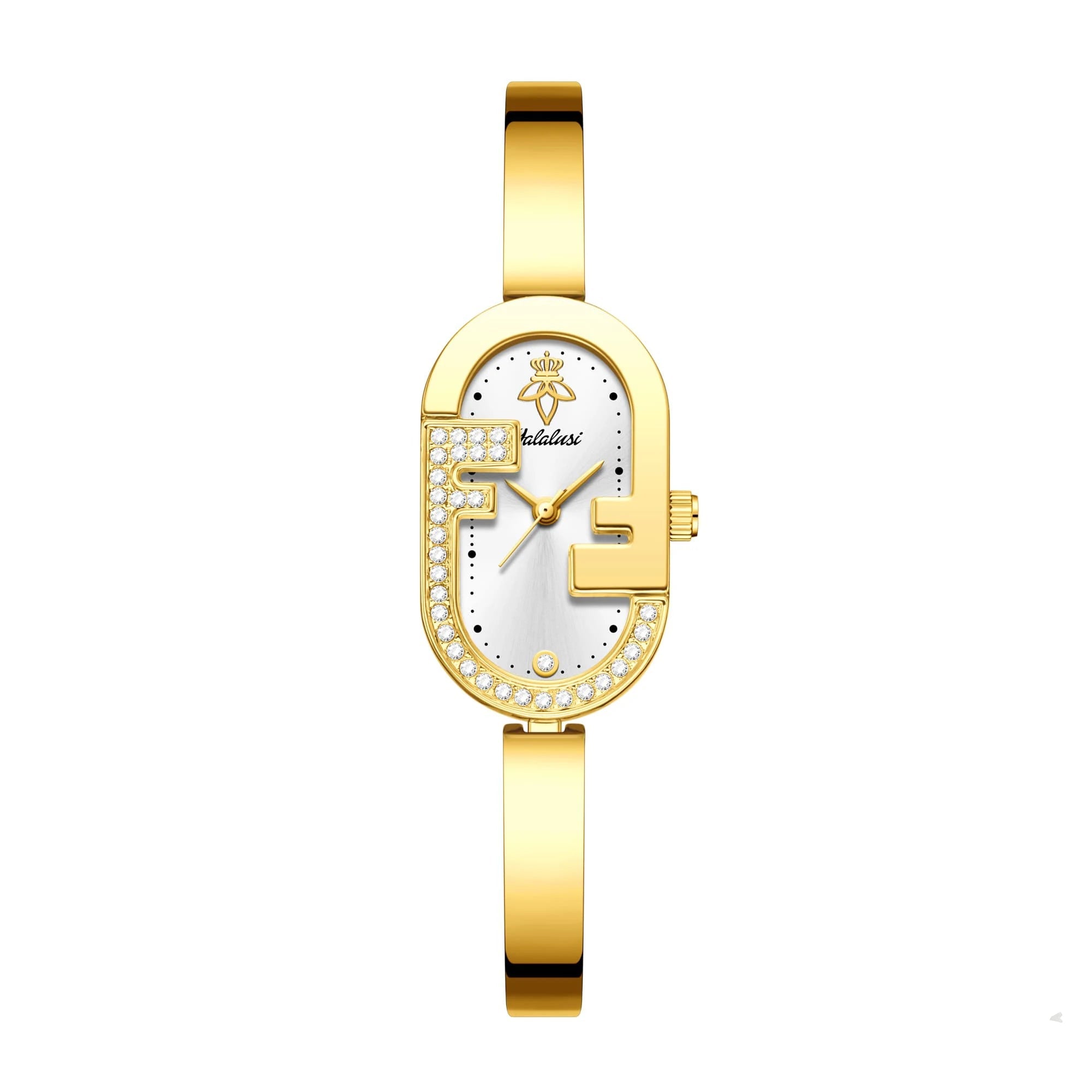 Gold case with white dial and rhinestone accents, adjustable gold link bracelet, numberless face, hook buckle clasp