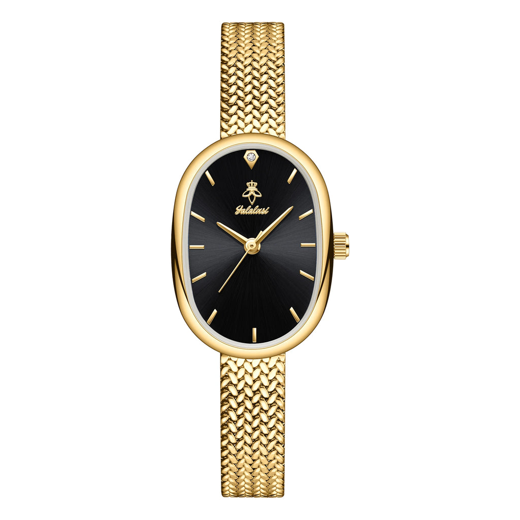 Gold case with black dial, slim band, numberless face, hook buckle clasp"
