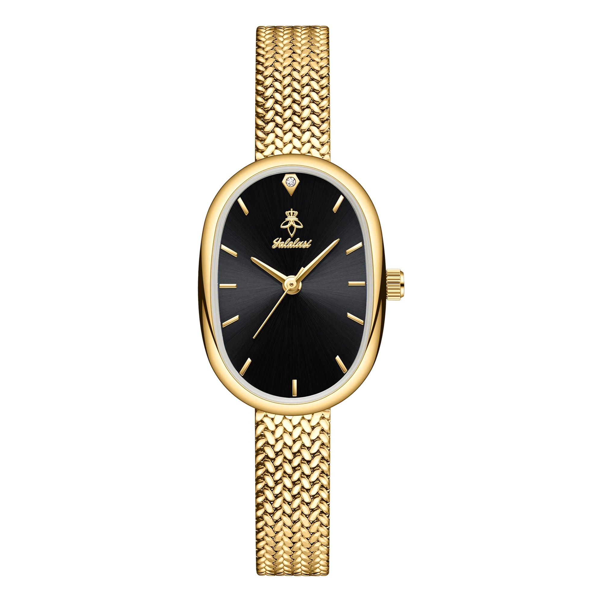 Gold case with black dial, slim band, numberless face, hook buckle clasp"
