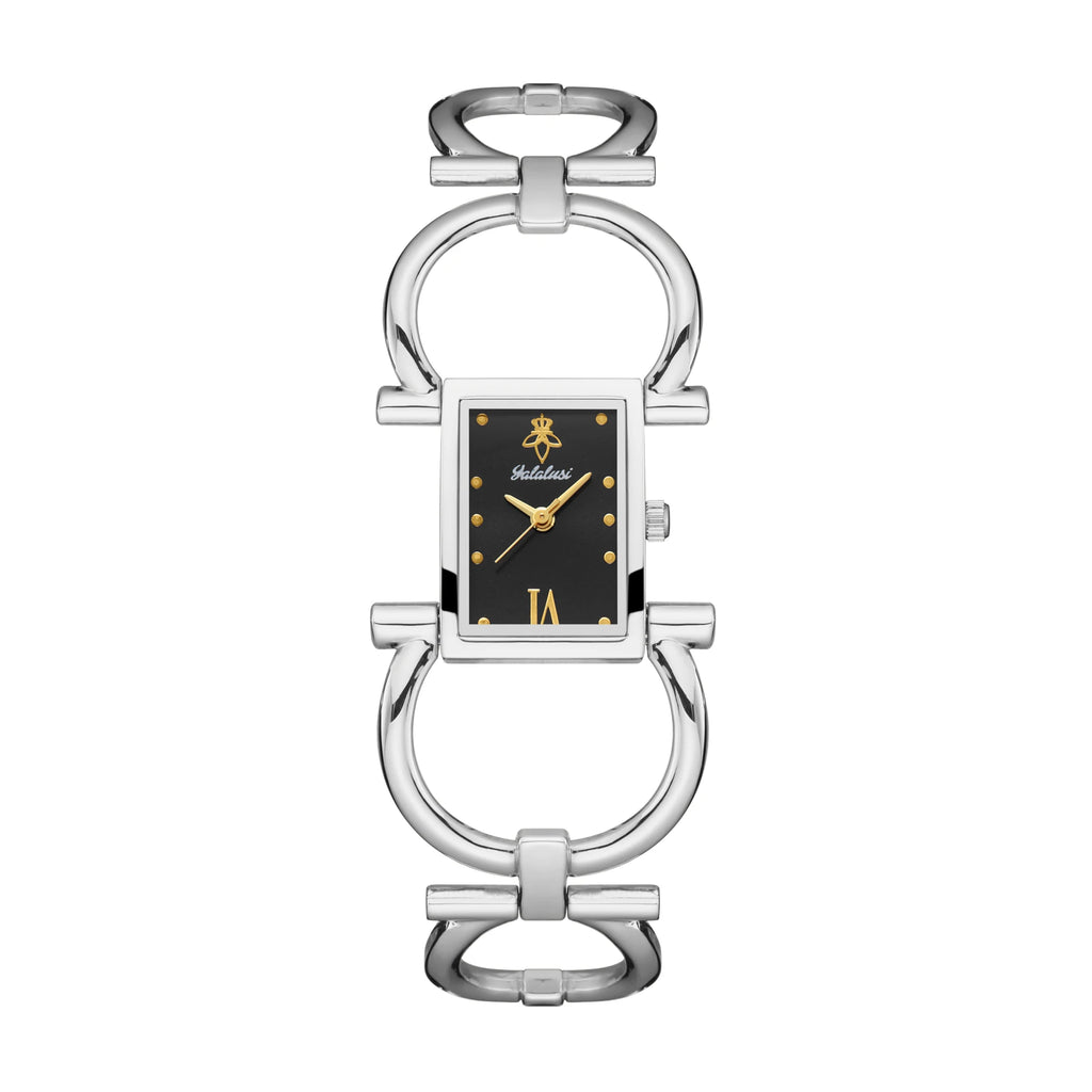  Gold case with silver dial, ion-plated link bracelet, numberless face