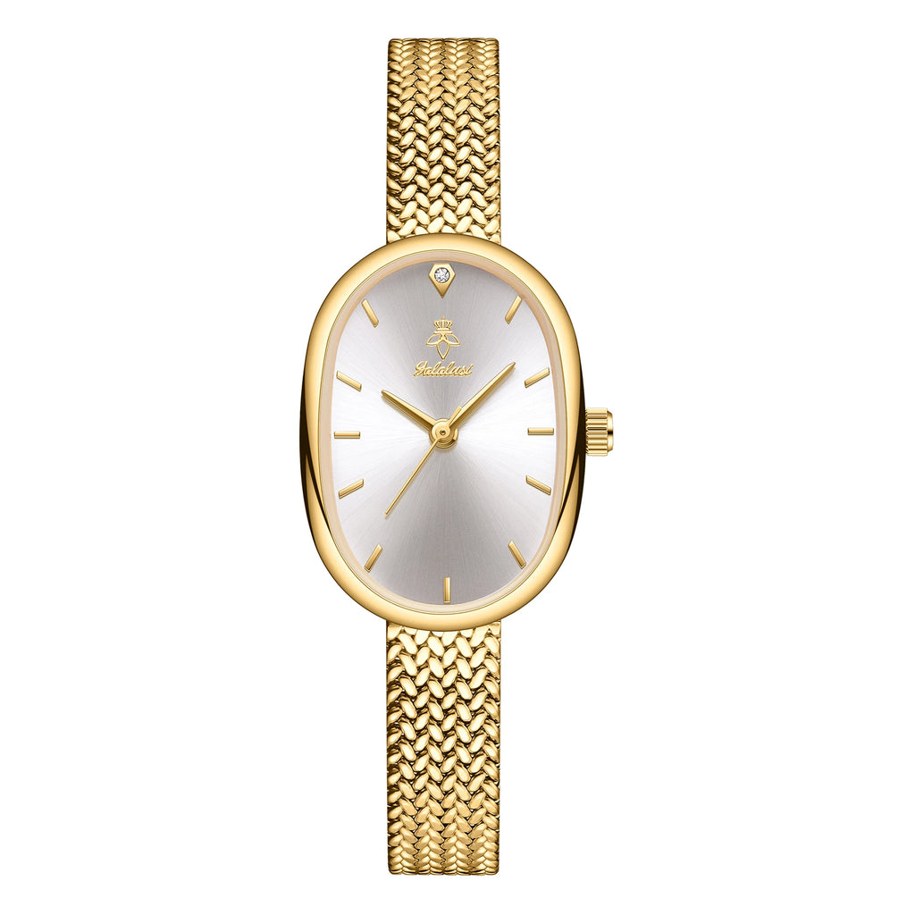 Gold case with white dial, slim band, numberless face, hook buckle clasp