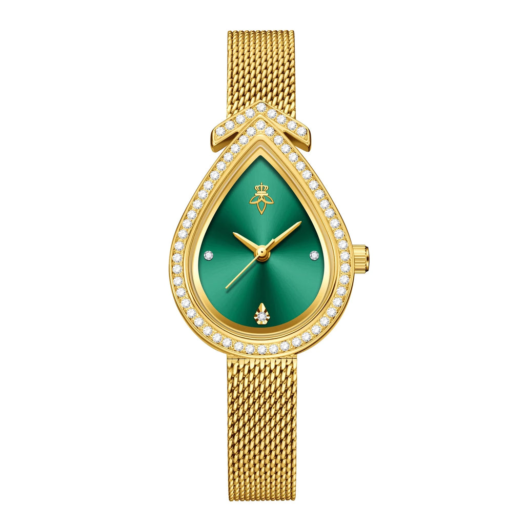 Golden case with golden dial, minimalist numberless face, hook buckle clasp