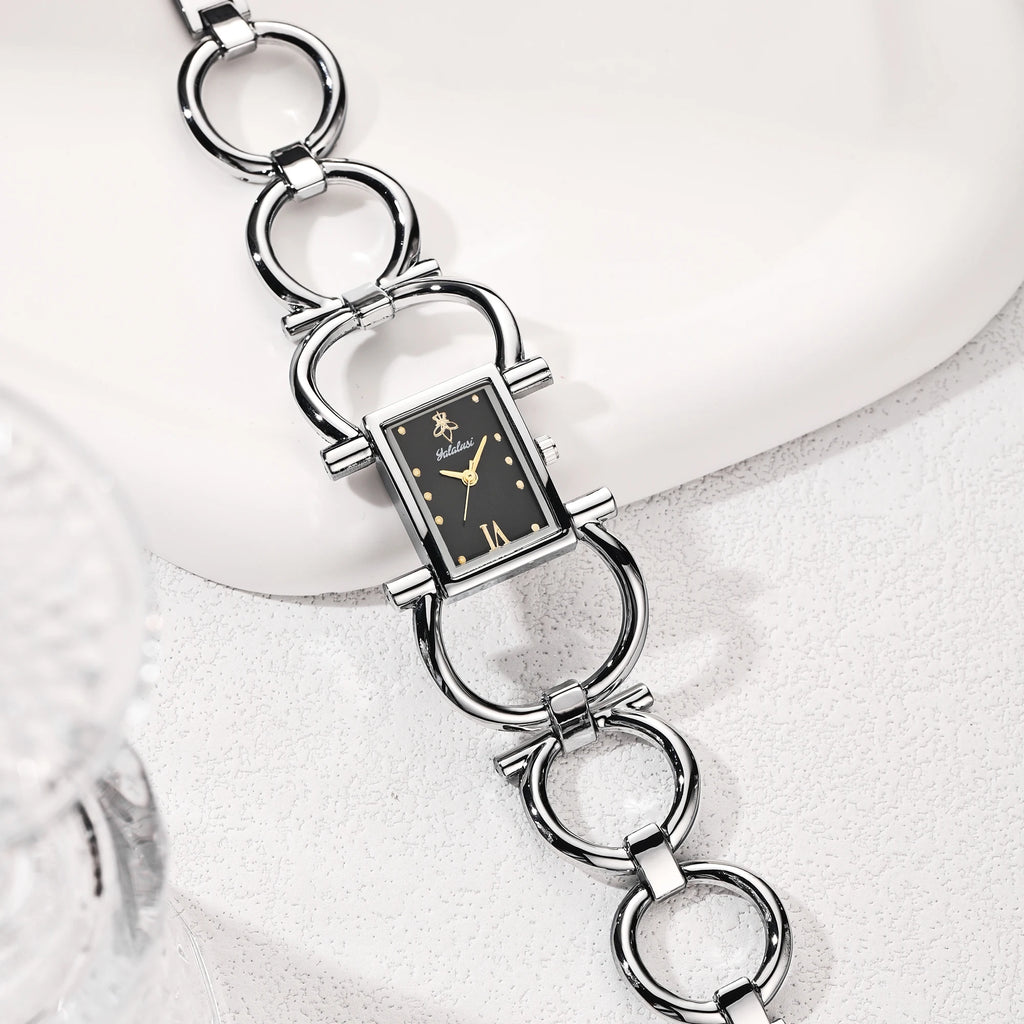 Silver case with black dial, ion-plated link bracelet, numberless face