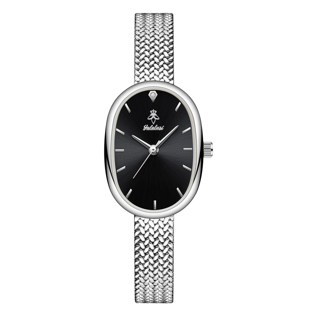 Silver case with black dial, slim band, numberless face, hook buckle clasp