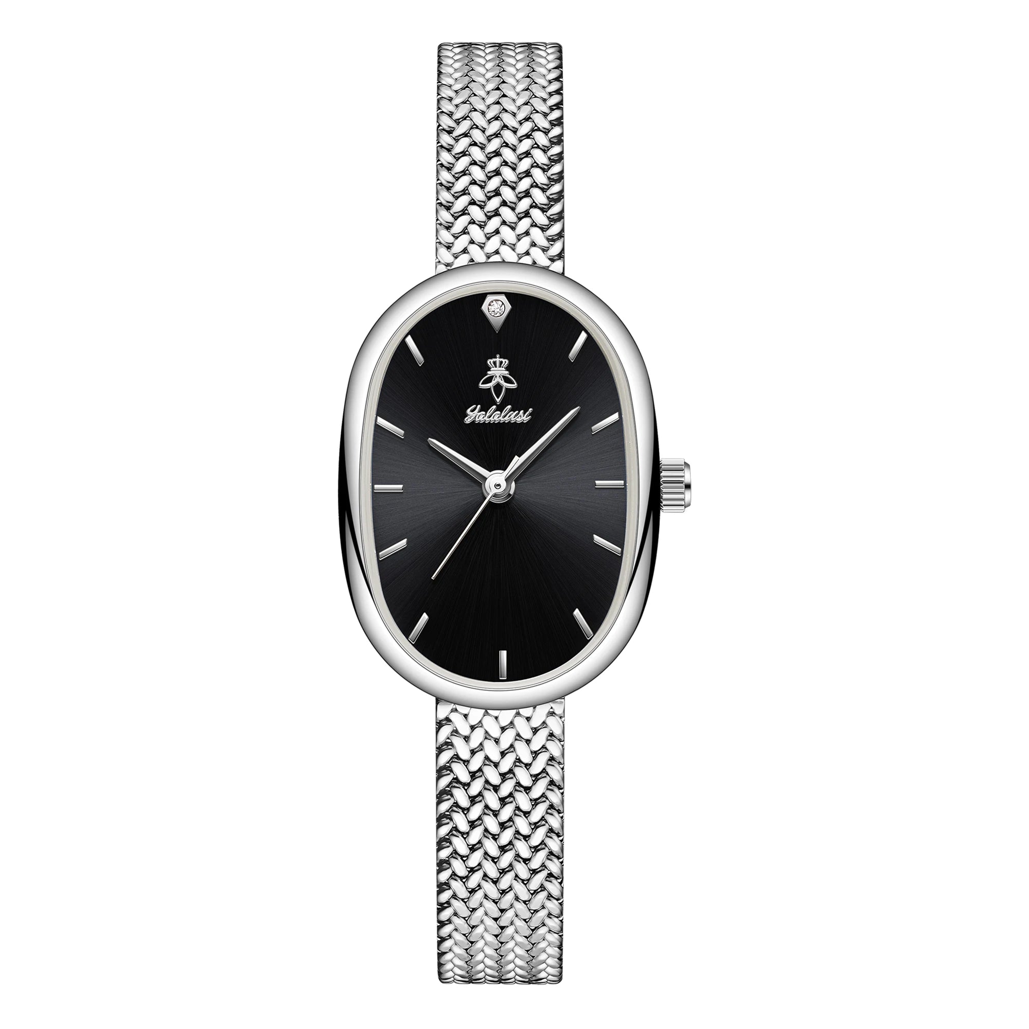 Silver case with black dial, slim band, numberless face, hook buckle clasp