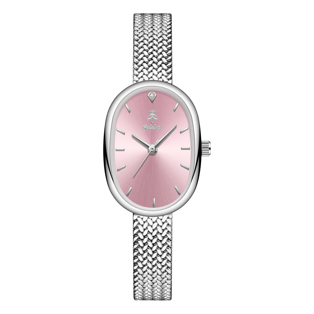 Silver case with pink dial, slim band, numberless face, hook buckle clasp
