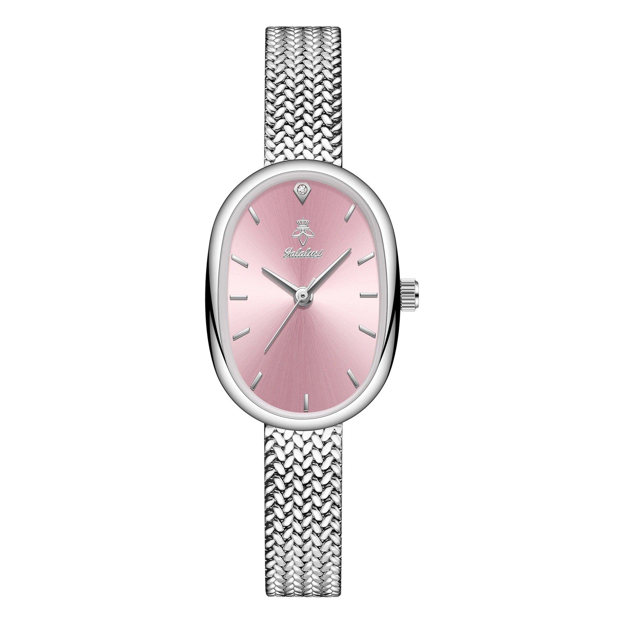 Silver case with pink dial, slim band, numberless face, hook buckle clasp