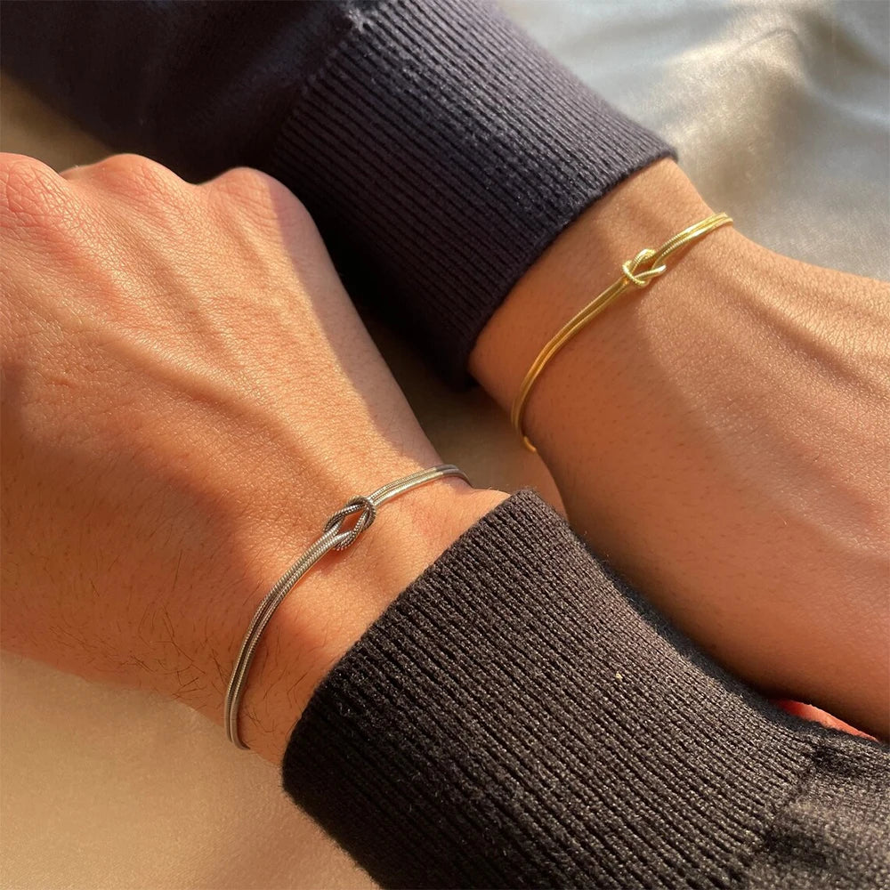 Geometric stainless steel bracelet in silver on wrist