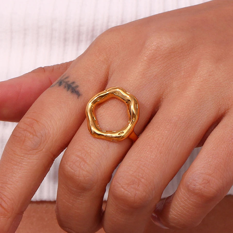Gold stainless steel wide geometric band, minimalist statement design