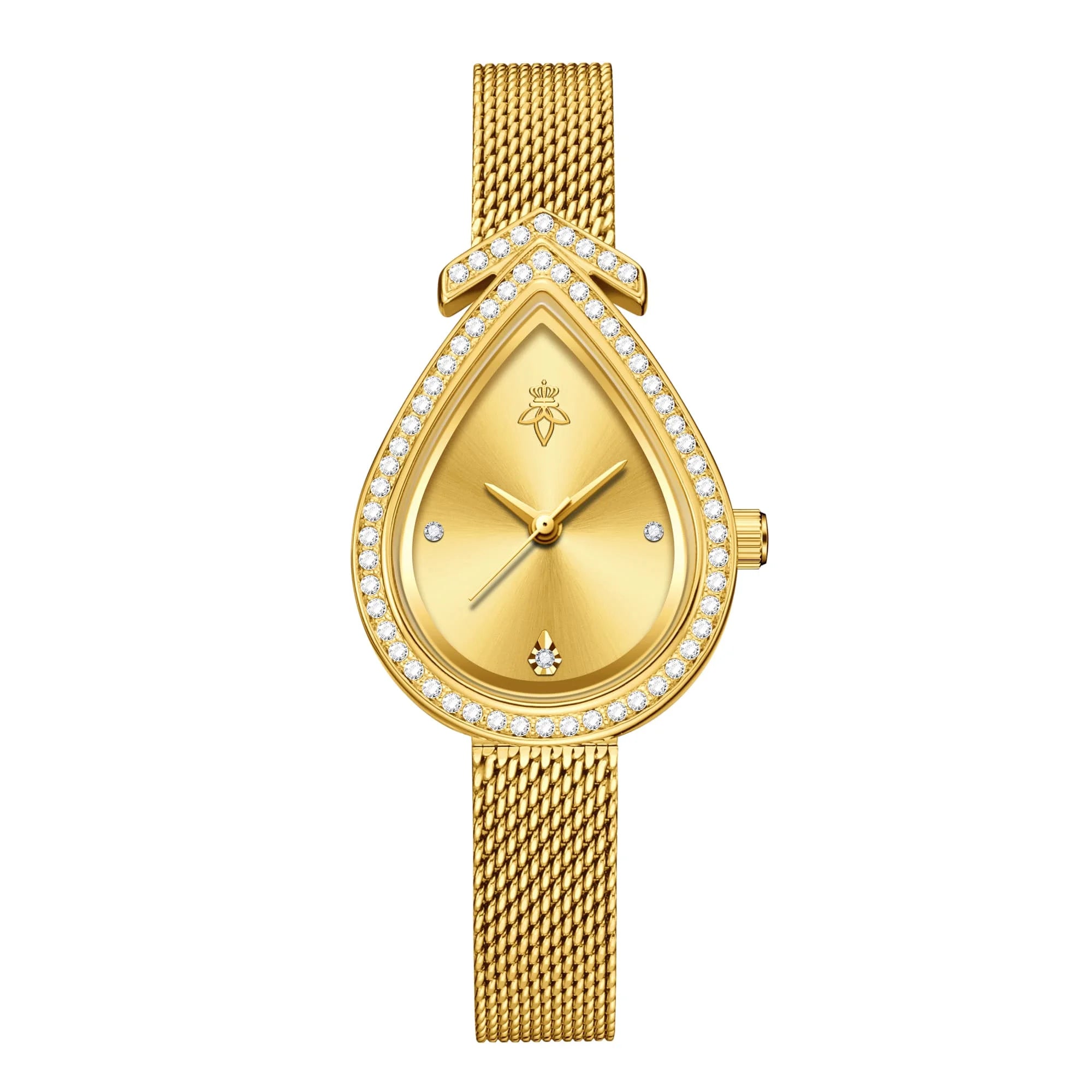 Golden case with white dial, minimalist numberless face, hook buckle clasp